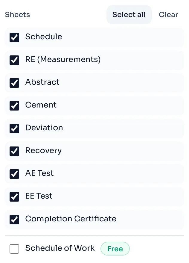 The Sheets list of the PDF panel on the Download page, from Schedule to Completion Certificate, in the same order as the tabs of the bill excel