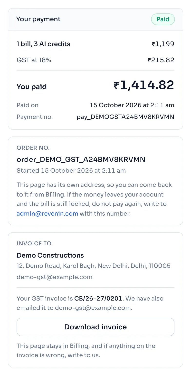 The payment page of a paid bill with the GST row, the Download invoice button and the Invoice to panel