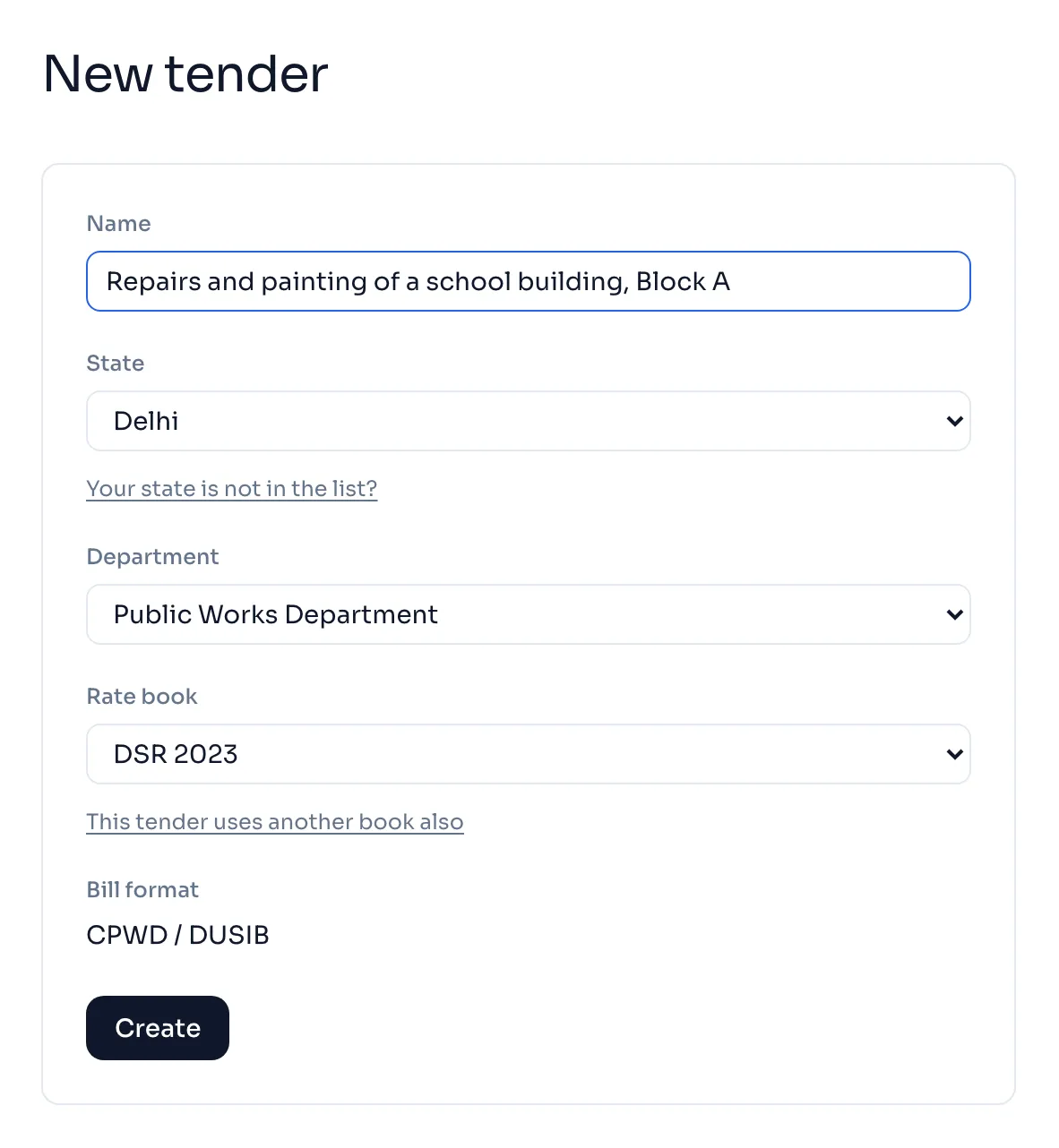 The New tender page filled in for Delhi, with a department chosen and the Rate book box showing DSR 2023