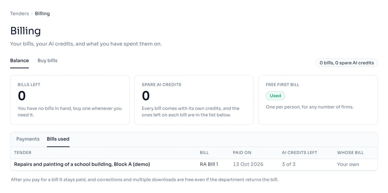 The Billing page with Bills left, Spare AI credits and Free first bill marked Used, and the Bills used list open