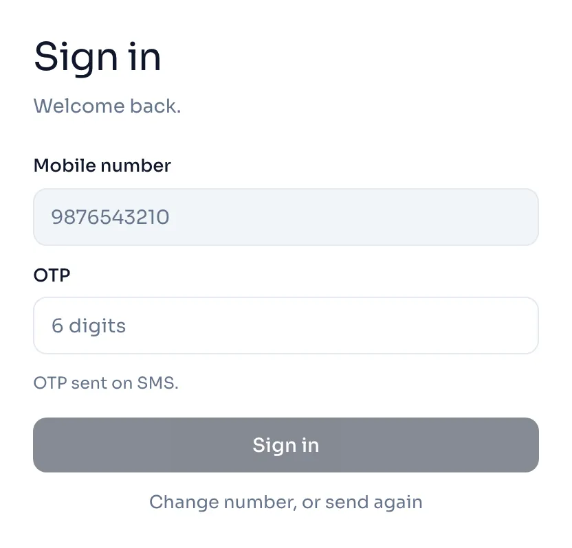 The sign in page after Send OTP, with the OTP box and the line OTP sent on SMS